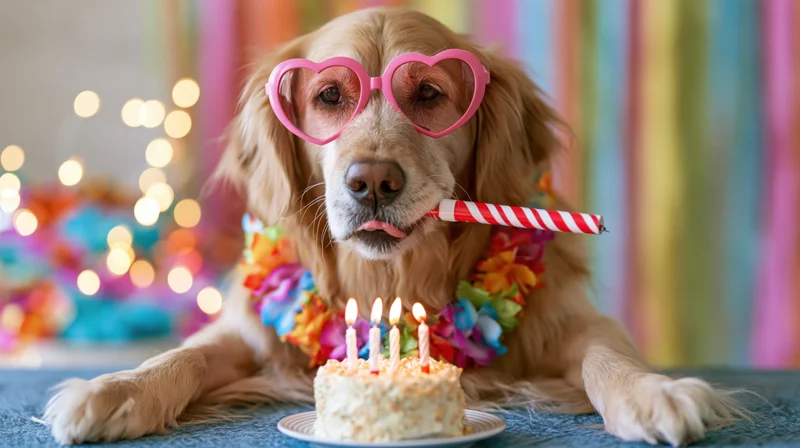 Golden retriever wearing pink heart-shaped sunglasses and a floral lei, holding a party blower in its mouth, with a small birthday cake in front, on a blue surface against a colorful striped backdrop with bokeh lights