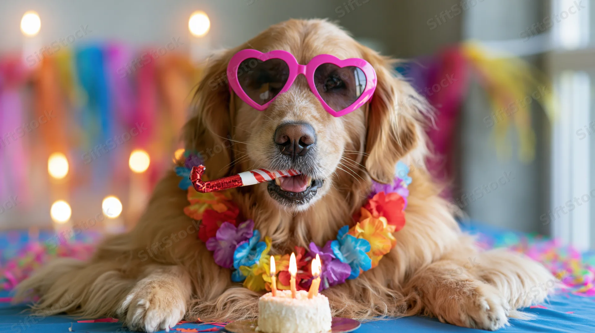 Golden retriever wearing pink heart-shaped sunglasses and a floral lei, holding a party blowout in its mouth, with a small birthday cake and candles in front, on a decorated table with streamers and lights in the background