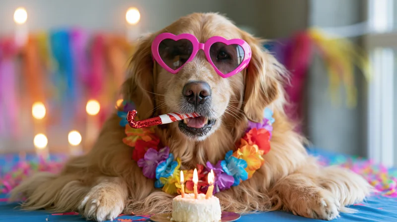 Golden retriever wearing pink heart-shaped sunglasses and a floral lei, holding a party blowout in its mouth, with a small birthday cake and candles in front, on a decorated table with streamers and lights in the background