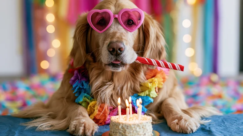 Golden retriever wearing pink heart-shaped sunglasses and a colorful lei, holding a party horn, sitting before a birthday cake with lit candles on a blue cloth, surrounded by festive decorations and bokeh lights