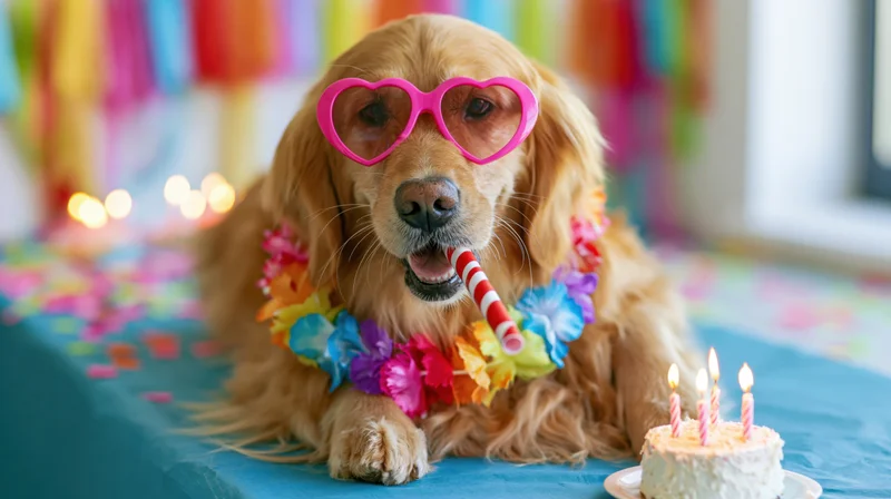 Golden retriever wearing pink heart-shaped sunglasses and a floral lei blowing a party horn beside a birthday cake with candles on a decorated table