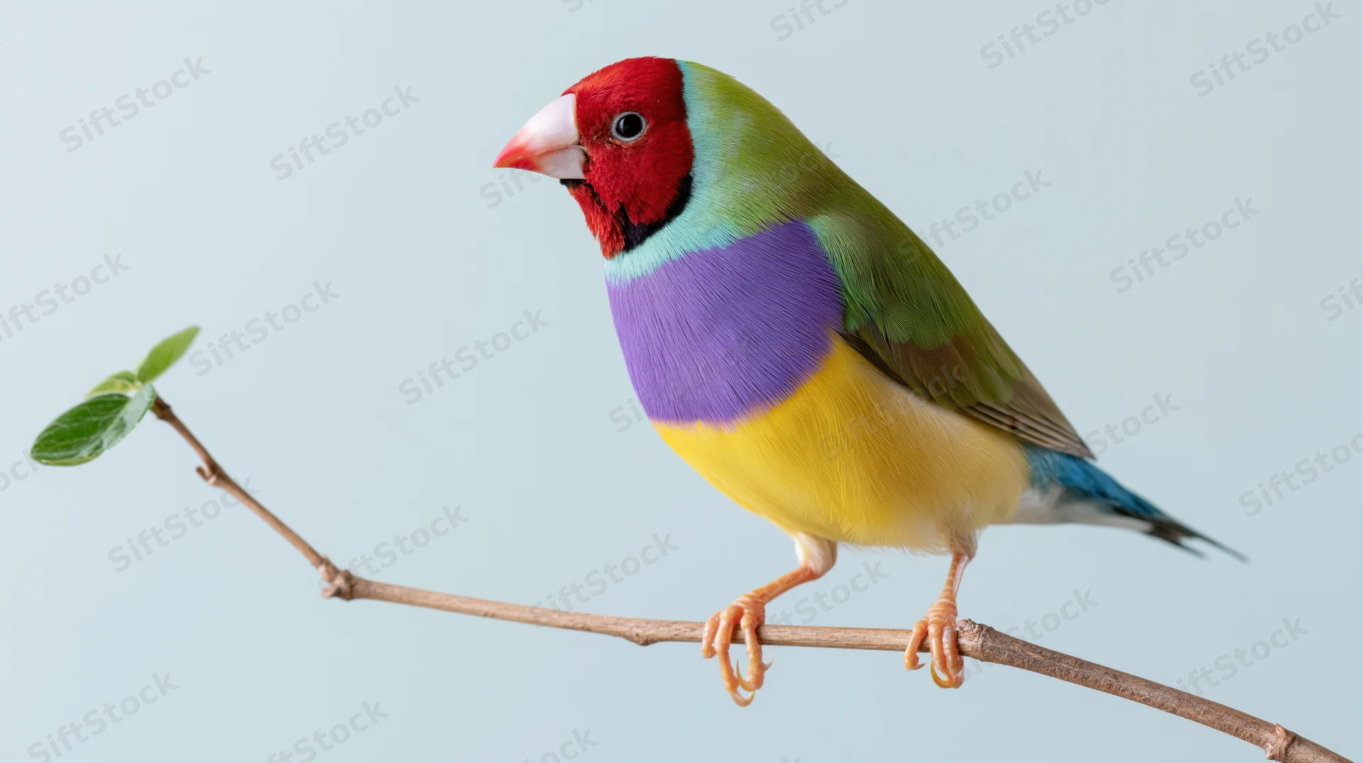 Gouldian finch perched on a thin wooden branch facing left against a light background