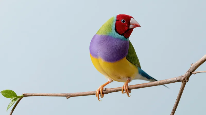Gouldian finch perched on a thin bare wooden branch facing left with colorful plumage against a light sky background