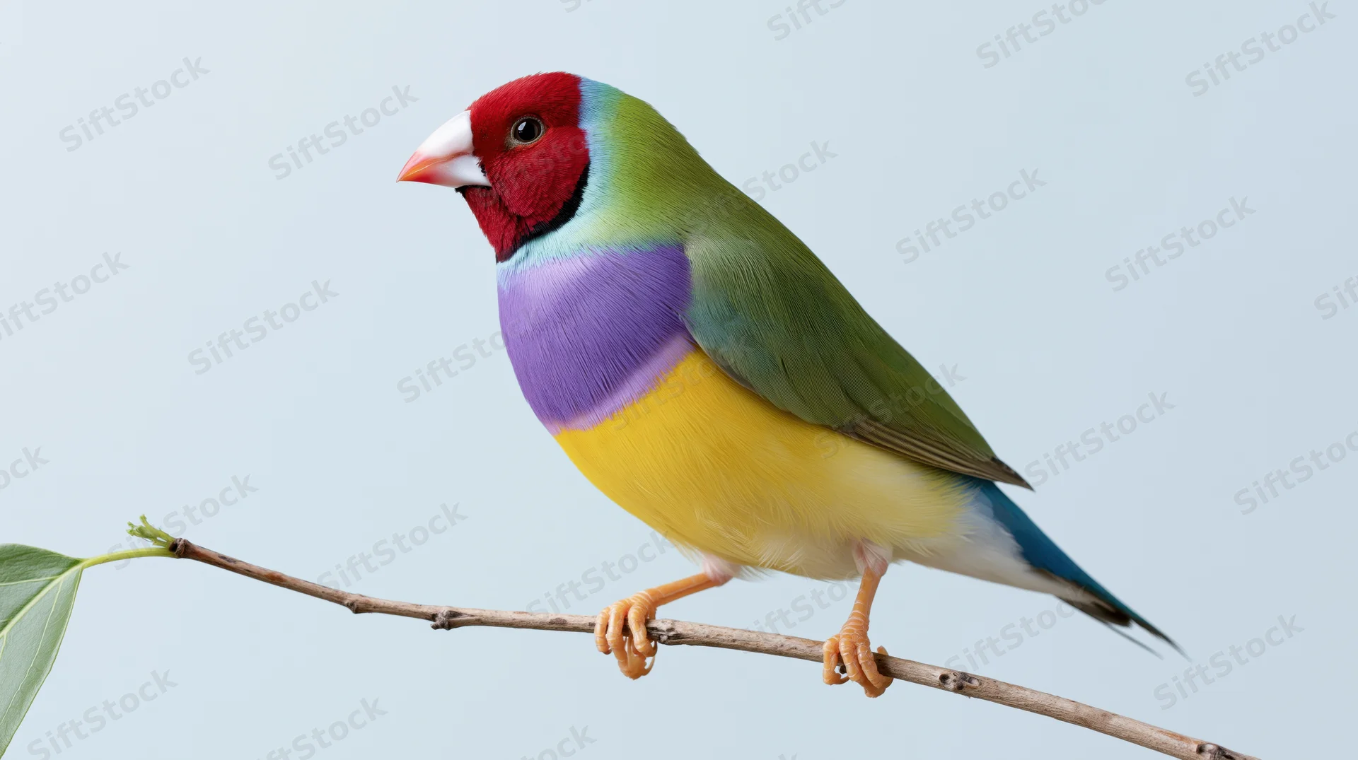 Gouldian finch perched on a thin bare wooden branch facing left with colorful plumage against a light background