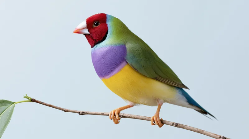 Gouldian finch perched on a thin bare wooden branch facing left with colorful plumage against a light background