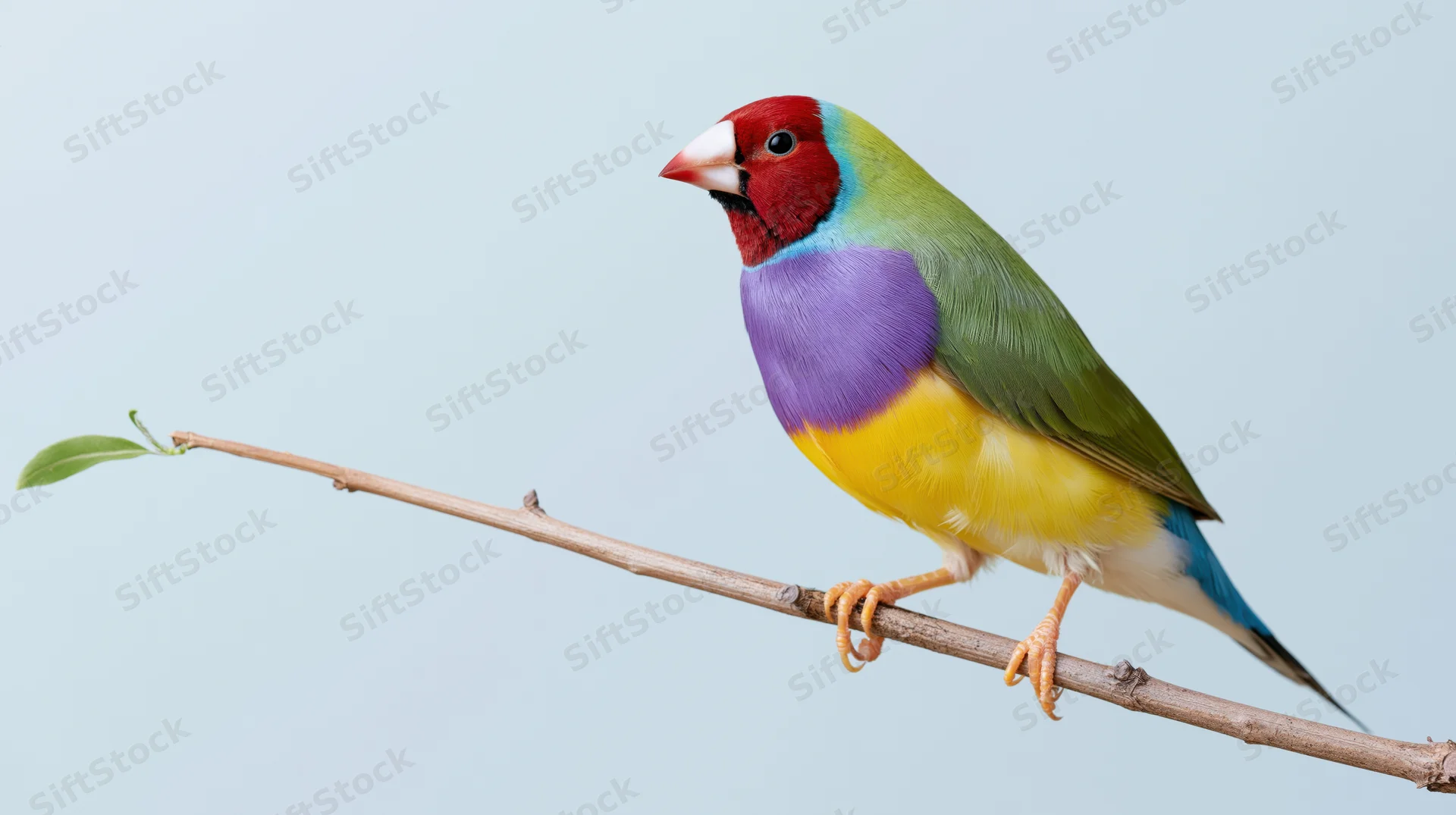 Gouldian finch perched on a thin wooden branch against a light blue sky
