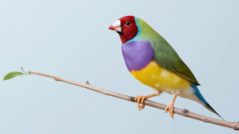 Gouldian finch perched on a thin wooden branch against a light blue sky