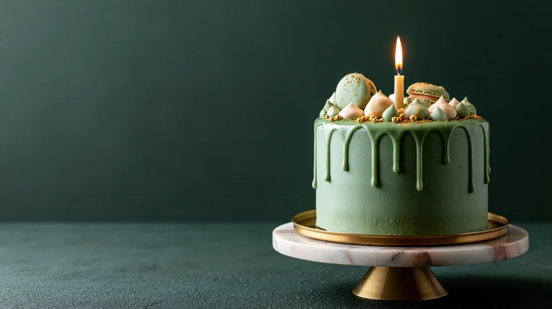 Green frosted birthday cake with lit candle and macarons on marble and brass stand
