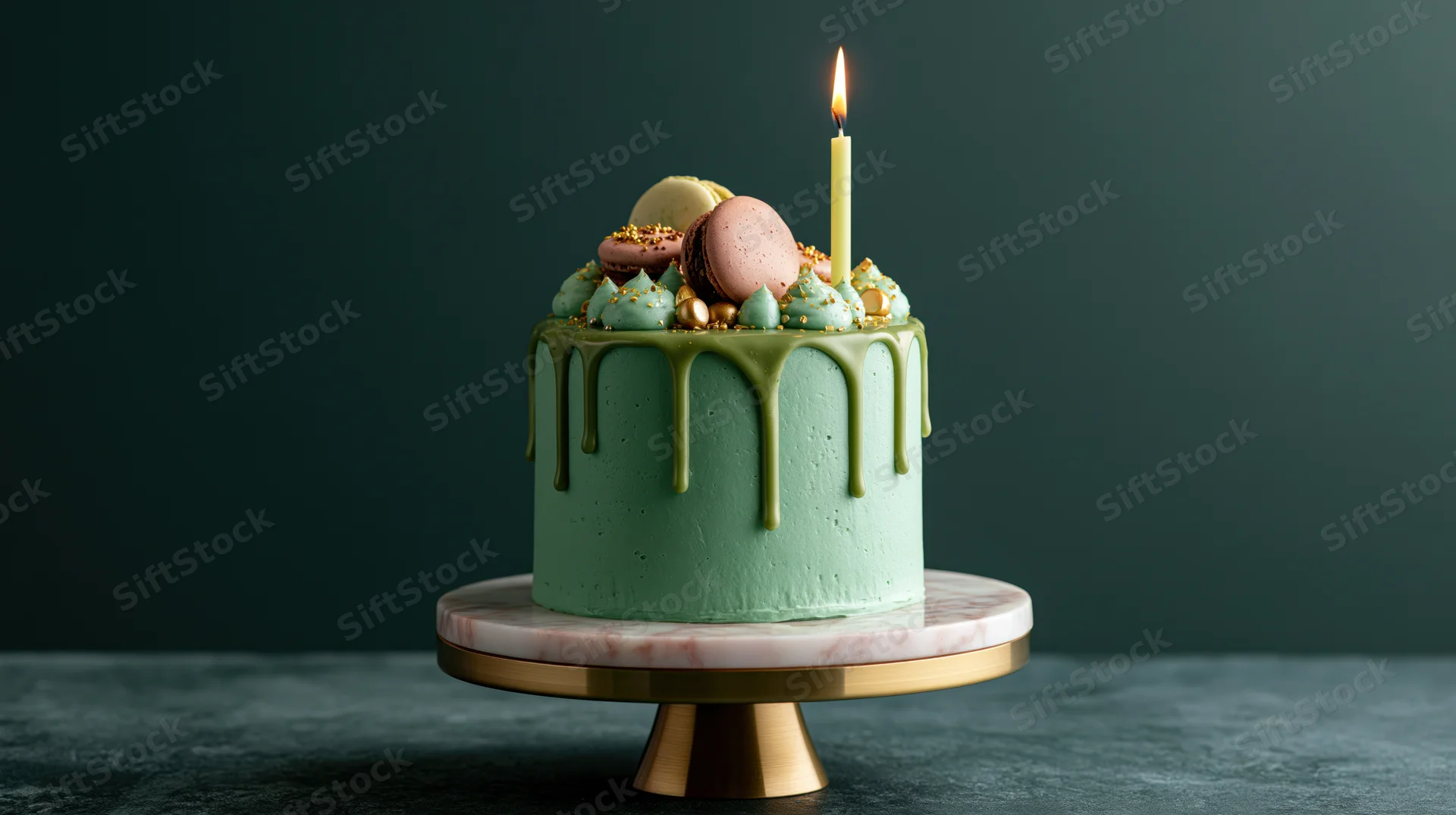 Green frosted birthday cake with lit candle and macarons on marble and brass cake stand