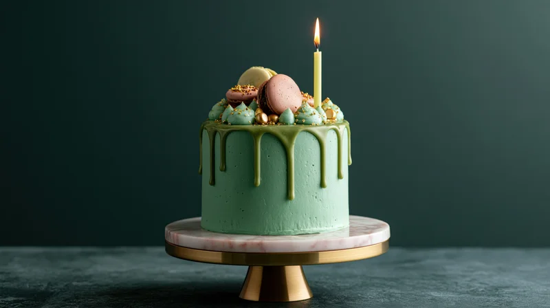 Green frosted birthday cake with lit candle and macarons on marble and brass cake stand