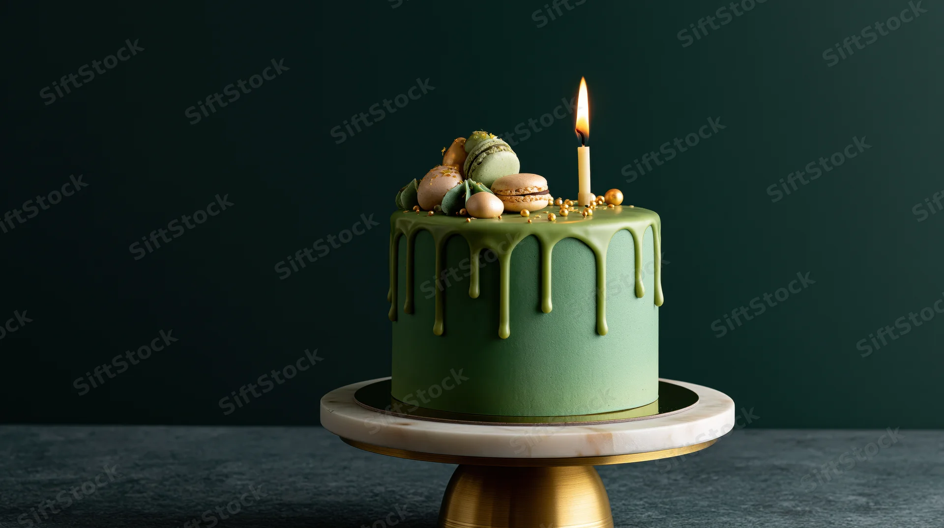 Green frosted birthday cake with dripping icing and lit candle on marble and brass stand