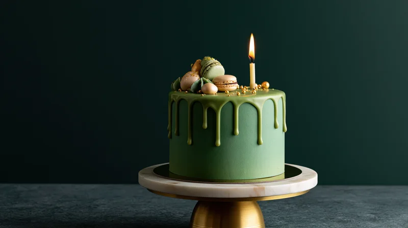 Green frosted birthday cake with dripping icing and lit candle on marble and brass stand