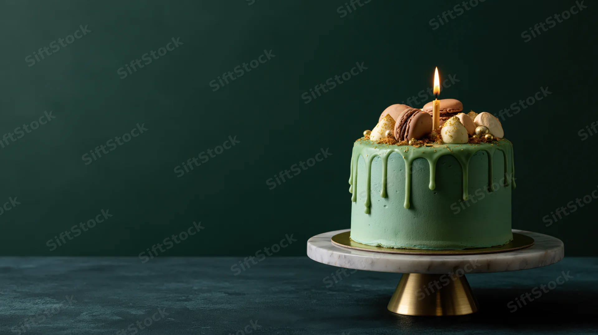 Green frosted birthday cake with drip icing and lit candle on marble and brass stand
