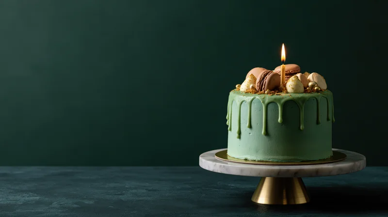Green frosted birthday cake with drip icing and lit candle on marble and brass stand