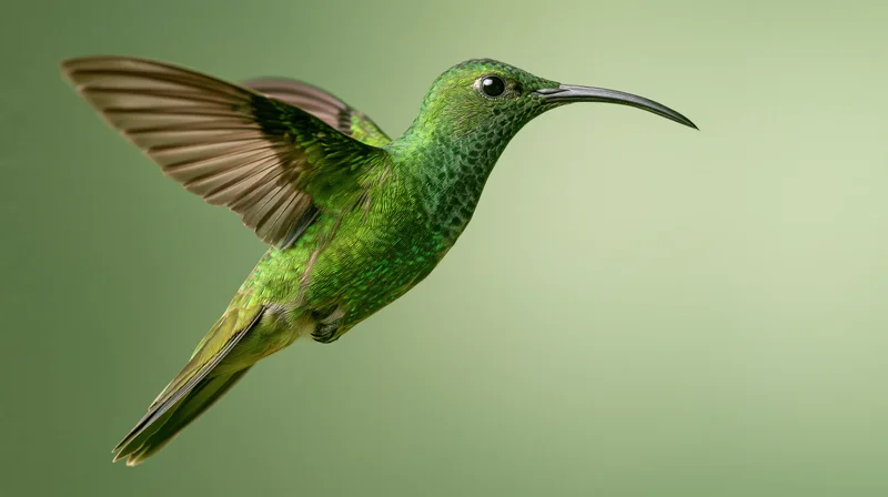 Green hummingbird hovering mid-flight with wings fully spread against soft green background