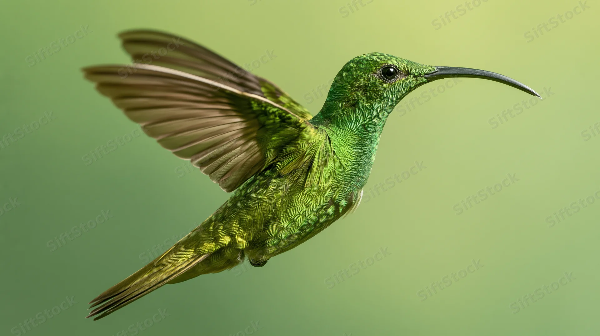 Green hummingbird hovering mid-flight with wings fully spread against soft green background