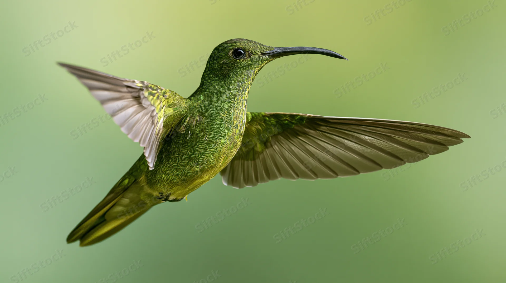 Green hummingbird hovering mid-flight with wings fully spread against soft green background