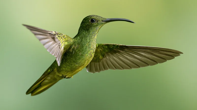 Green hummingbird hovering mid-flight with wings fully spread against soft green background