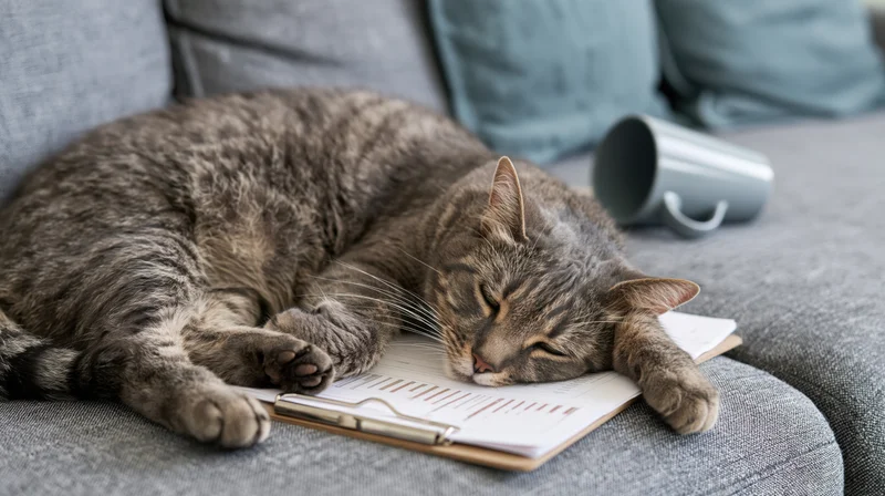 Grey tabby cat sleeping on a clipboard with paper on a grey fabric sofa