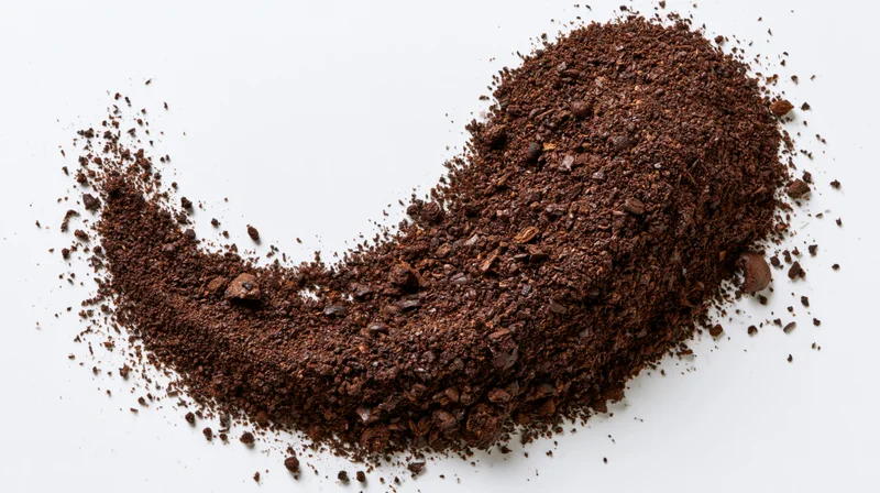 Ground coffee and coarse bean fragments arranged in a curved pile on white background