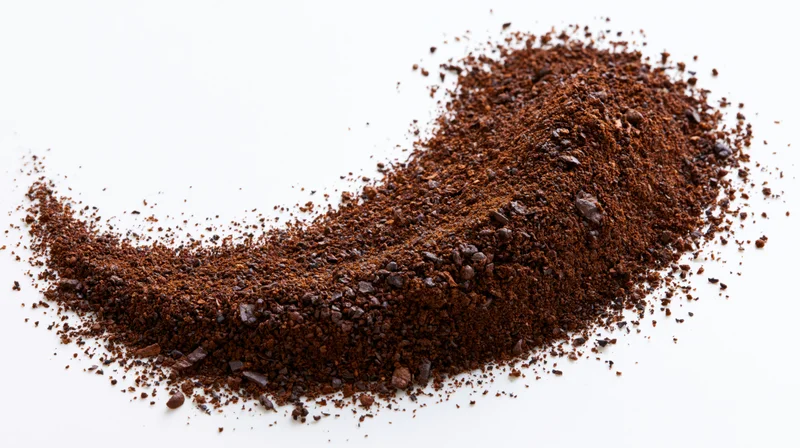 Ground coffee particles and coarse bean fragments scattered in a pile on white background