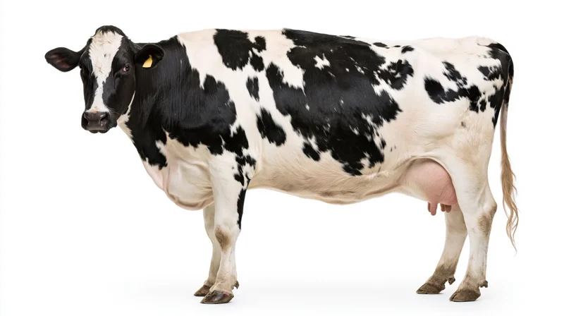 Holstein dairy cow standing in full body profile with head turned toward camera on white background