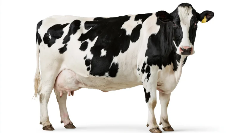 Holstein dairy cow standing in full body profile with head turned against white background