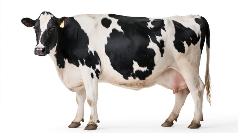 Holstein cow standing in full body profile with head turned against white background
