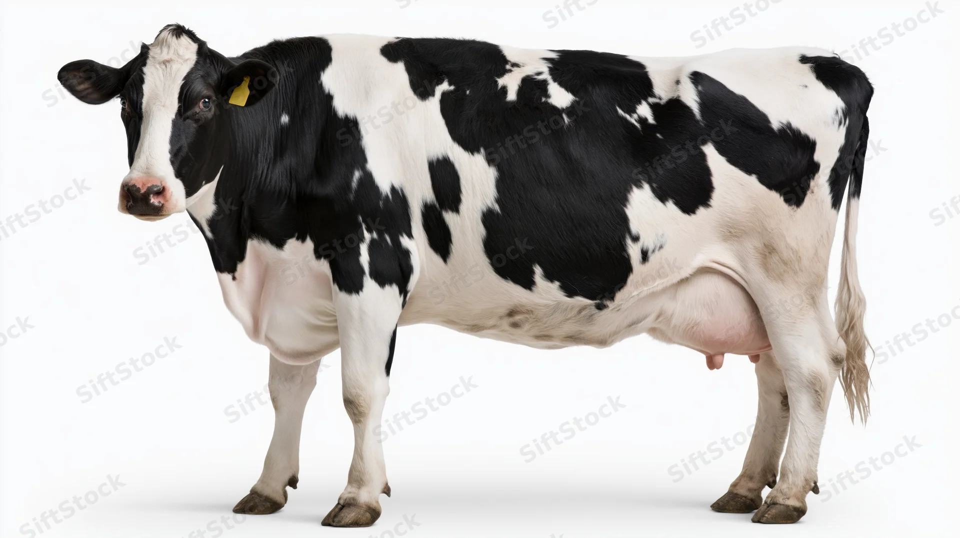 Holstein dairy cow standing in full body profile with head turned against white background
