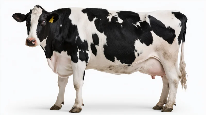 Holstein dairy cow standing in full body profile with head turned against white background