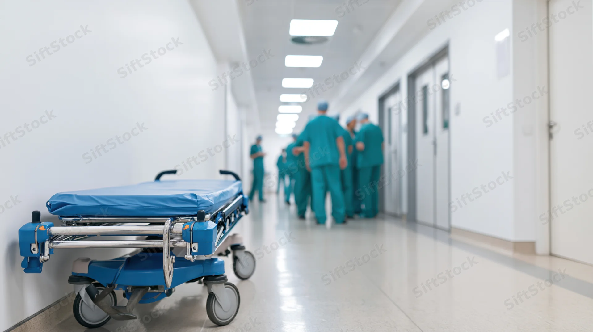 Blue medical gurney parked in hospital corridor with medical staff in scrubs walking ahead