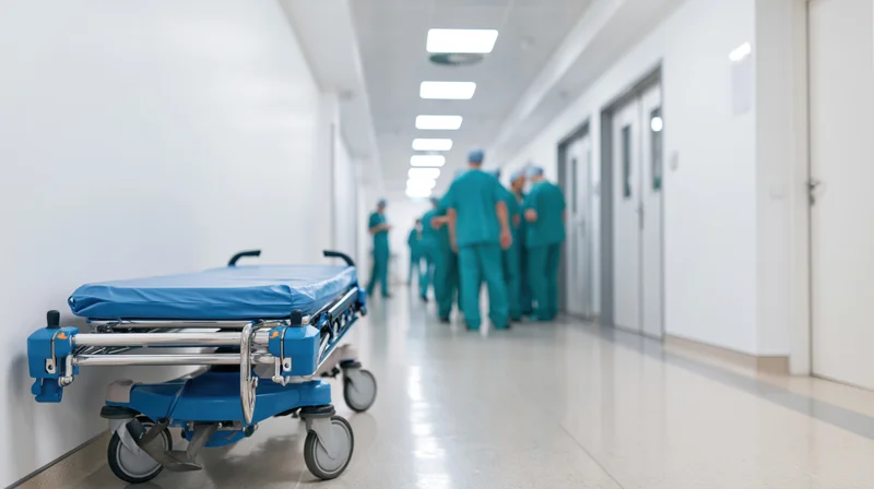 Blue medical gurney parked in hospital corridor with medical staff in scrubs walking ahead