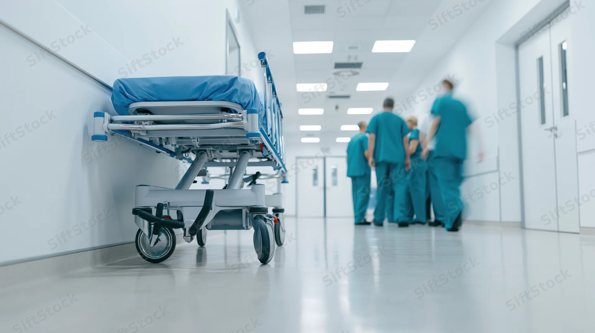 Blue medical gurney parked against wall in hospital corridor with medical staff in scrubs walking away in background