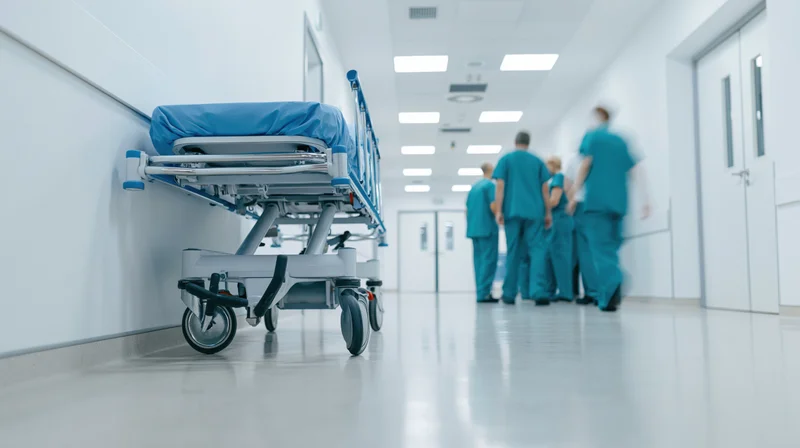 Blue medical gurney parked against wall in hospital corridor with medical staff in scrubs walking away in background