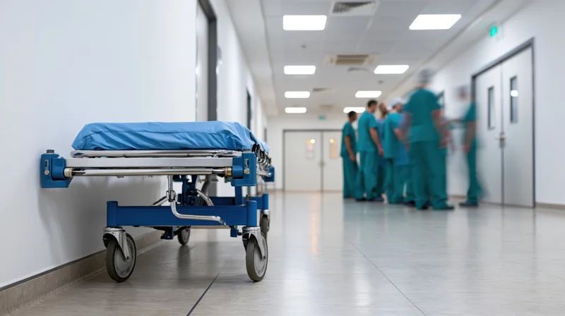Blue medical gurney parked against wall in hospital corridor with staff in scrubs in background