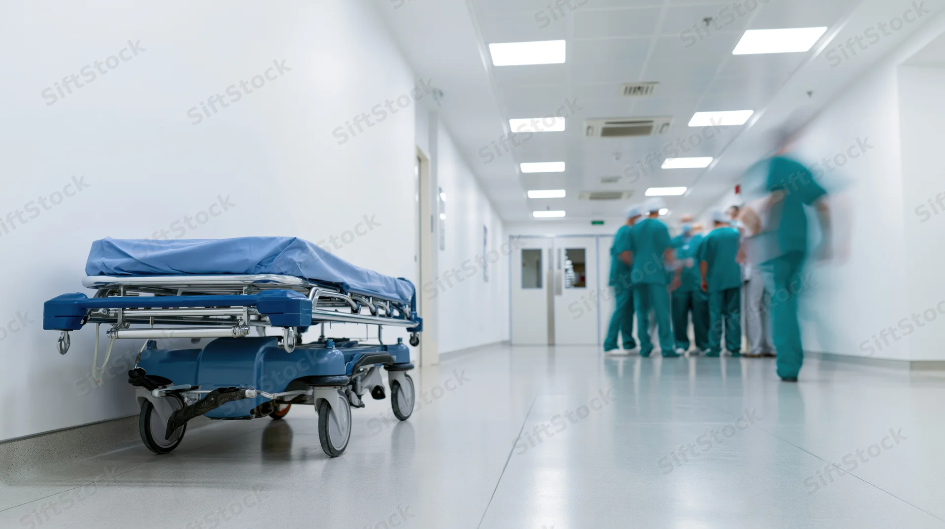 Blue medical gurney parked in hospital corridor with staff in motion blur discussing near doorway