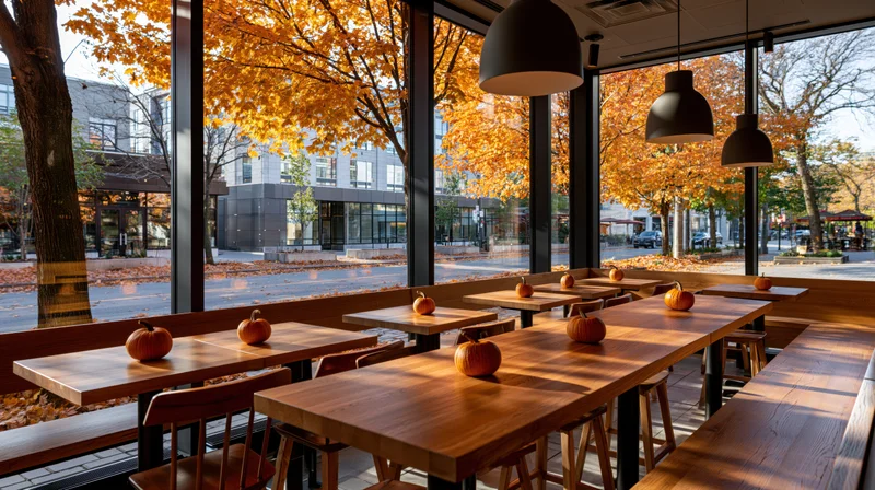 Wooden tables with pumpkins inside a cozy urban cafe overlooking autumn trees