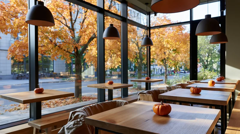 Wooden tables with pumpkins in a cozy urban cafe interior with autumn foliage visible through large windows