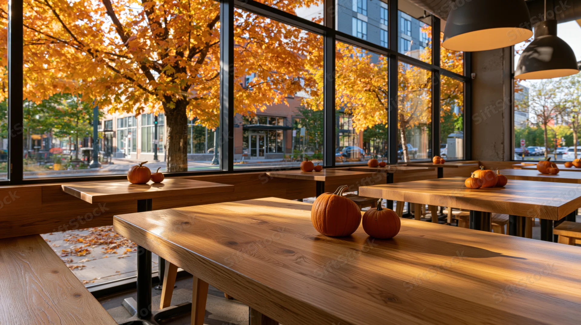 Wooden tables with pumpkins in a cozy urban cafe interior by large windows overlooking autumn trees
