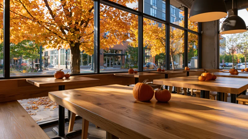 Wooden tables with pumpkins in a cozy urban cafe interior by large windows overlooking autumn trees
