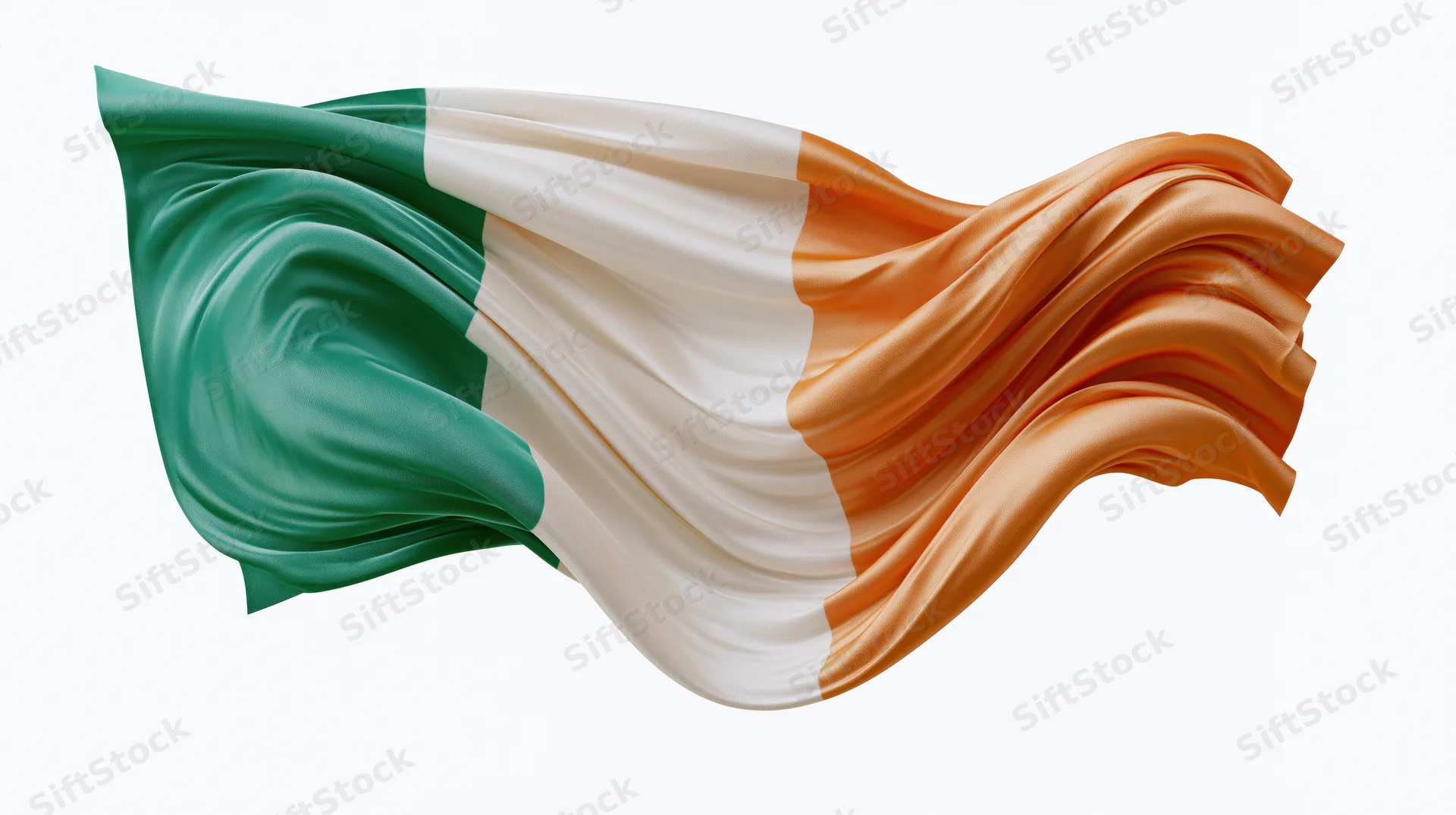 Irish tricolor flag flowing in wind on white background