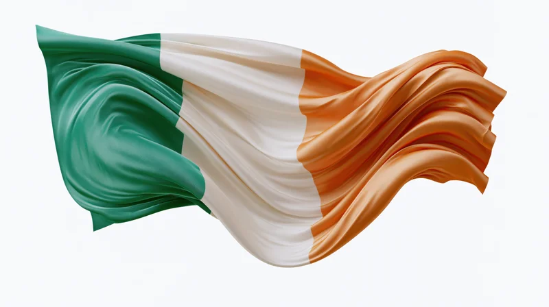 Irish tricolor flag flowing in wind on white background