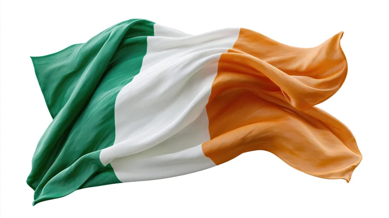 Irish tricolor flag flowing in wind on white background