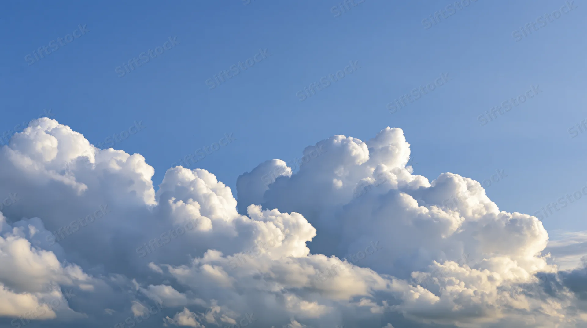 Large billowing cumulus clouds along the lower third of a clear blue sky