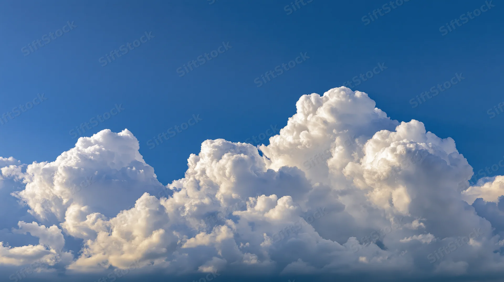 Large billowing cumulus clouds along the lower third of a clear blue sky