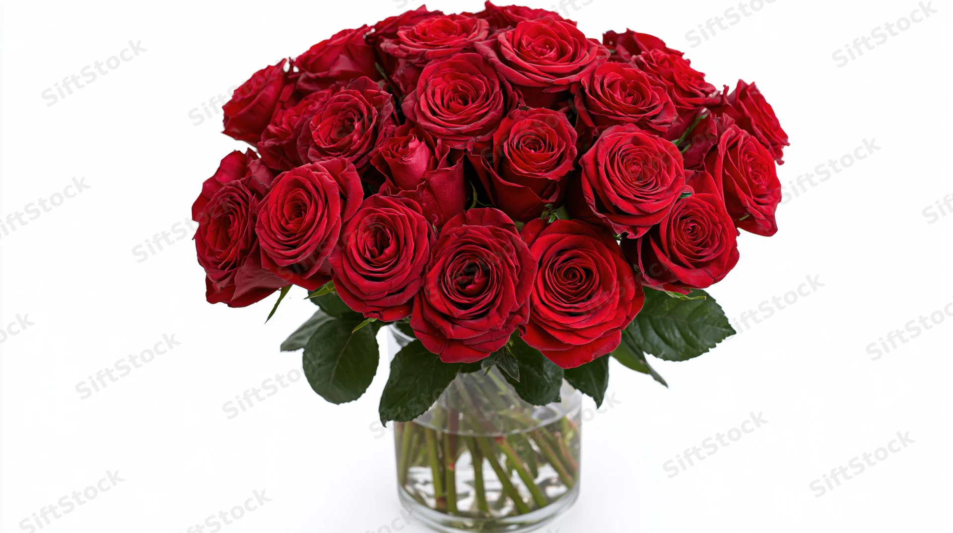Large bouquet of deep red roses arranged densely in a clear glass vase on white background