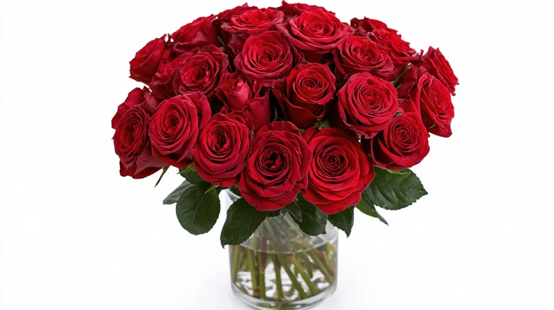 Large bouquet of deep red roses arranged densely in a clear glass vase on white background