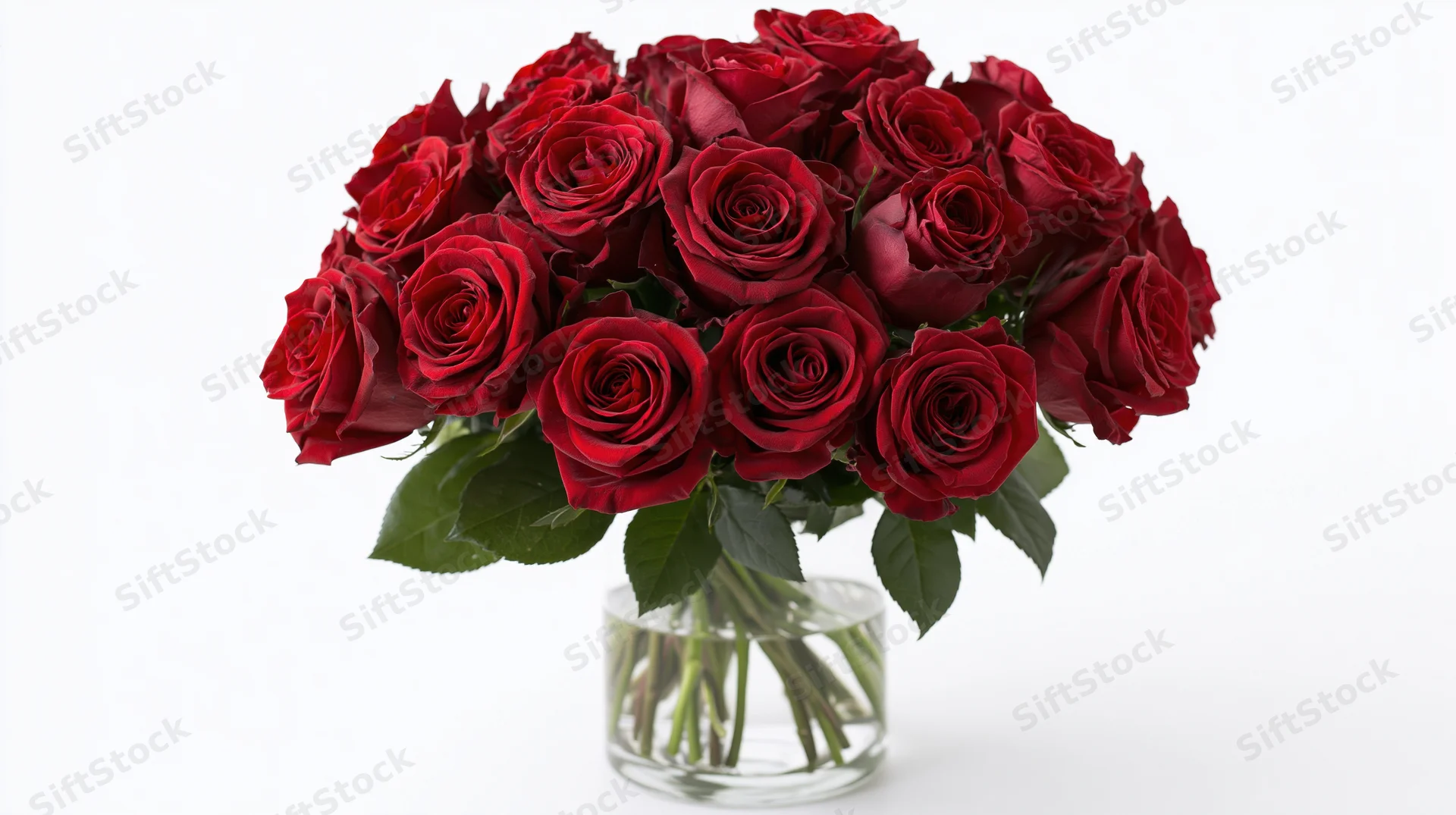Large bouquet of deep red roses arranged densely in a clear glass vase on white background