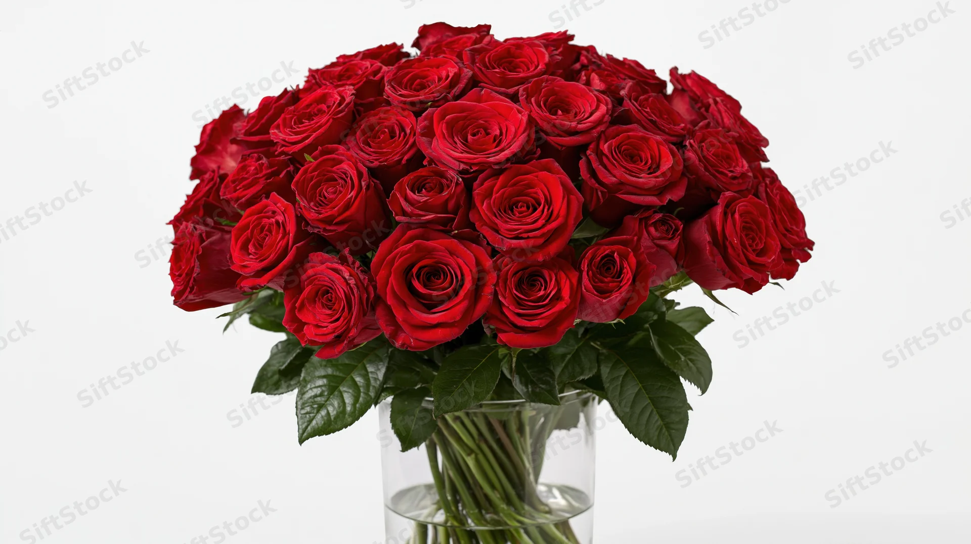 Large bouquet of deep red roses arranged densely in a clear glass vase on white background