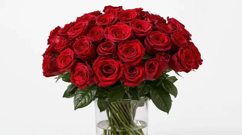 Large bouquet of deep red roses arranged densely in a clear glass vase on white background